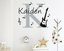 Sticker mural initial et nom avec guitare et notes de musique
